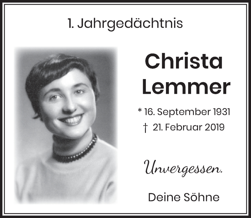  Traueranzeige für Christa Lemmer vom 29.02.2020 aus  Sonntags-Post 