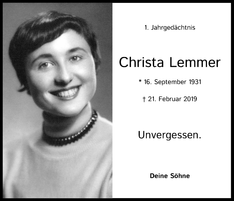  Traueranzeige für Christa Lemmer vom 22.02.2020 aus Kölner Stadt-Anzeiger / Kölnische Rundschau / Express