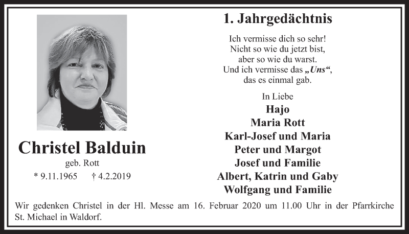  Traueranzeige für Christel Balduin vom 05.02.2020 aus  Schaufenster/Blickpunkt  Schlossbote/Werbekurier 