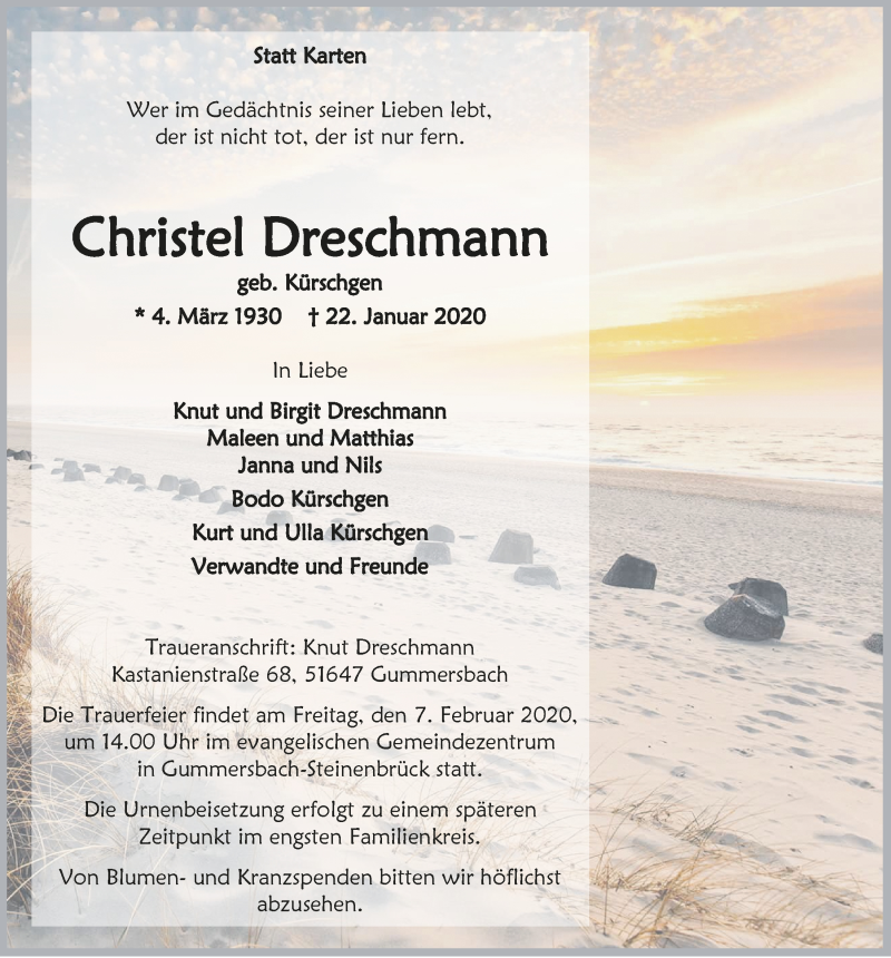  Traueranzeige für Christel Dreschmann vom 05.02.2020 aus  Anzeigen Echo 