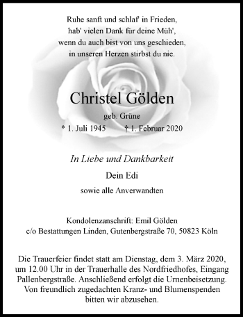 Anzeige von Christel Gölden von  Kölner Wochenspiegel 