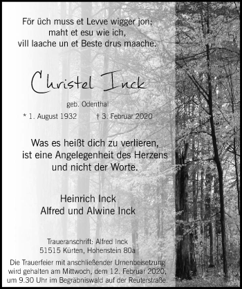 Anzeige von Christel Inck von  Bergisches Sonntagsblatt 