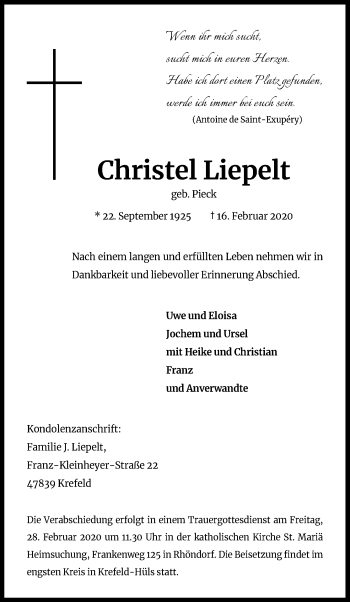 Anzeige von Christel Liepelt von Kölner Stadt-Anzeiger / Kölnische Rundschau / Express