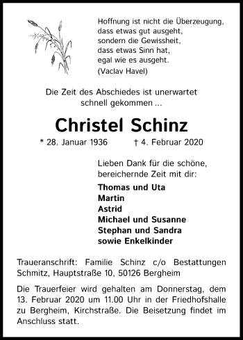 Anzeige von Christel Schinz von Kölner Stadt-Anzeiger / Kölnische Rundschau / Express