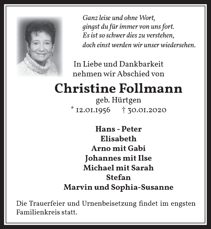  Traueranzeige für Christine Follmann vom 12.02.2020 aus  Wochenende 