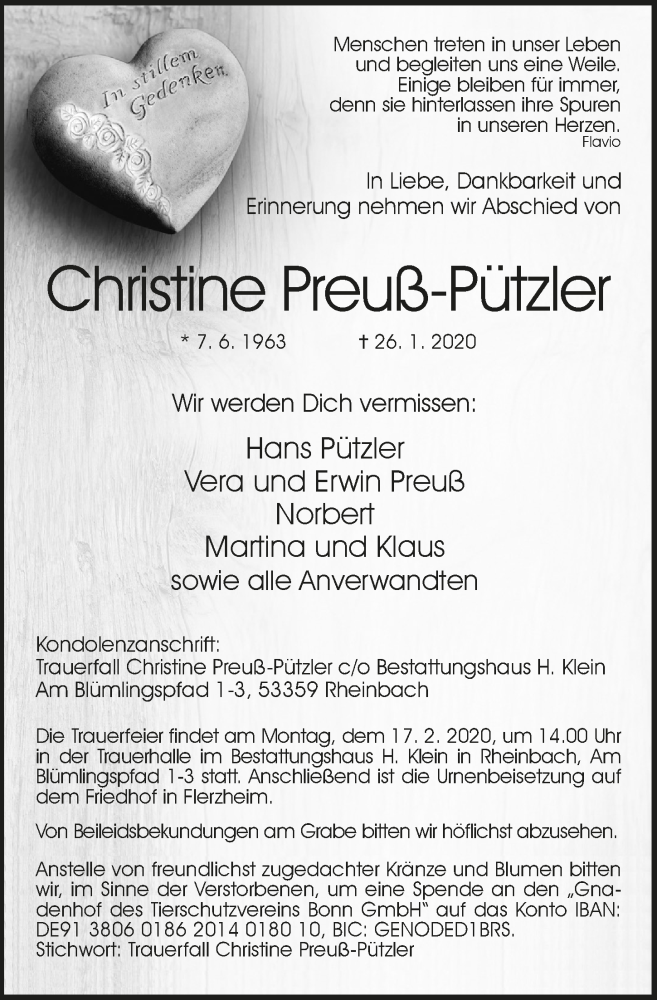  Traueranzeige für Christine Preuß-Pützler vom 12.02.2020 aus  Schaufenster/Blickpunkt 
