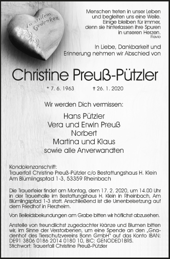 Anzeige von Christine Preuß-Pützler von  Schaufenster/Blickpunkt 