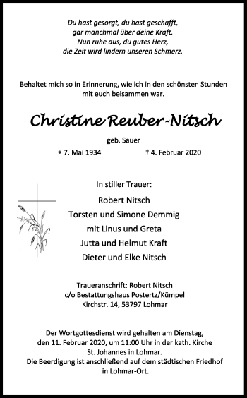 Anzeige von Christine Reuber-Nitsch von Kölner Stadt-Anzeiger / Kölnische Rundschau / Express