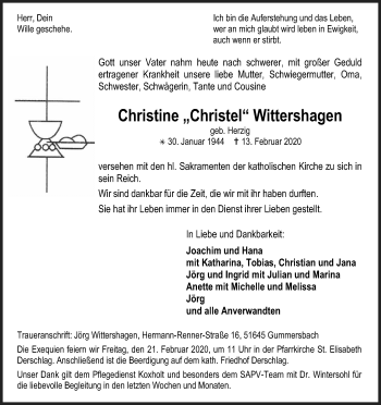 Anzeige von Christine Wittershagen von Kölner Stadt-Anzeiger / Kölnische Rundschau / Express
