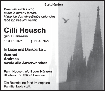 Anzeige von Cilli Heusch von  Sonntags-Post 