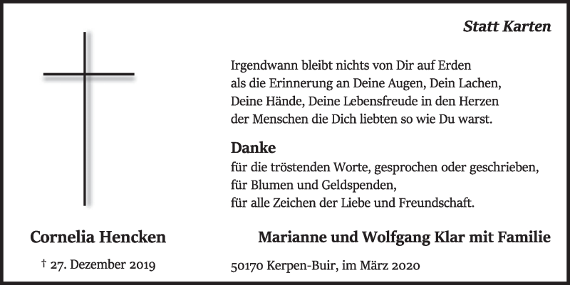  Traueranzeige für Cornelia Hencken vom 29.02.2020 aus  Sonntags-Post 