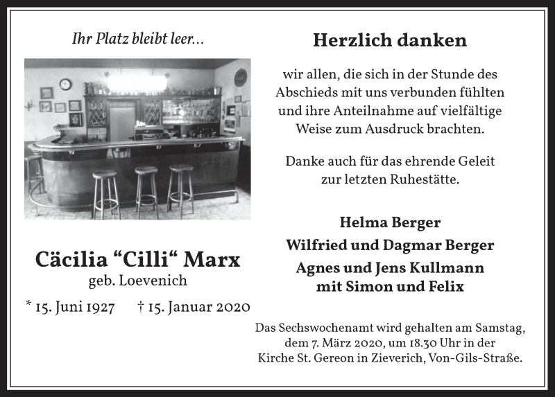  Traueranzeige für Cäcilia Marx vom 26.02.2020 aus  Werbepost 