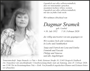 Anzeige von Dagmar Sramek von  Bergisches Sonntagsblatt 