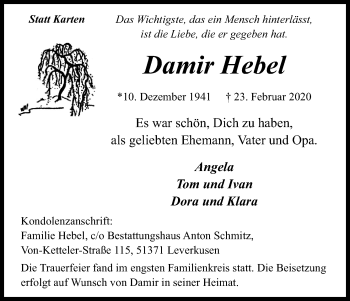 Anzeige von Damir Hebel von Kölner Stadt-Anzeiger / Kölnische Rundschau / Express