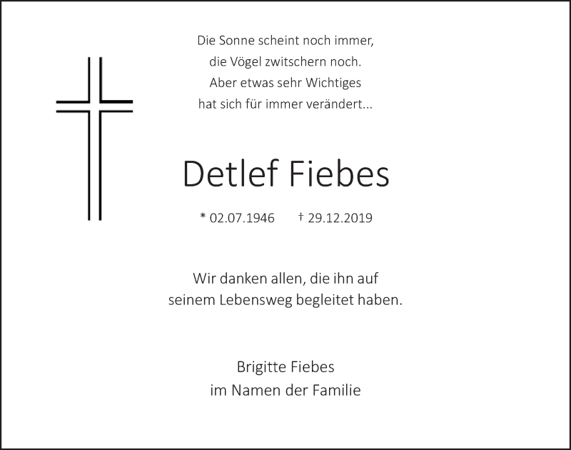  Traueranzeige für Detlef Fiebes vom 08.02.2020 aus  Blickpunkt Euskirchen 
