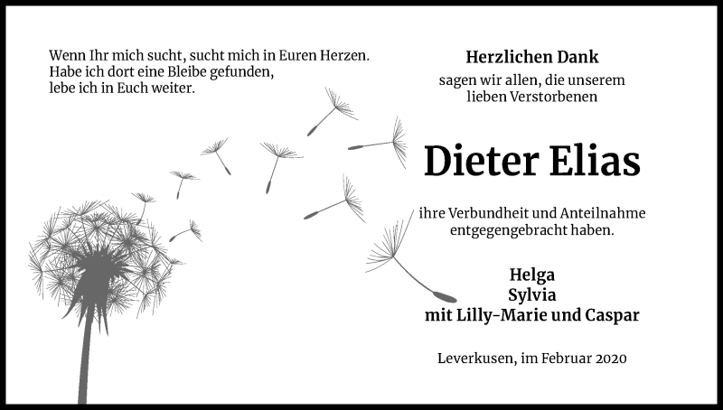  Traueranzeige für Dieter Elias vom 29.02.2020 aus Kölner Stadt-Anzeiger / Kölnische Rundschau / Express