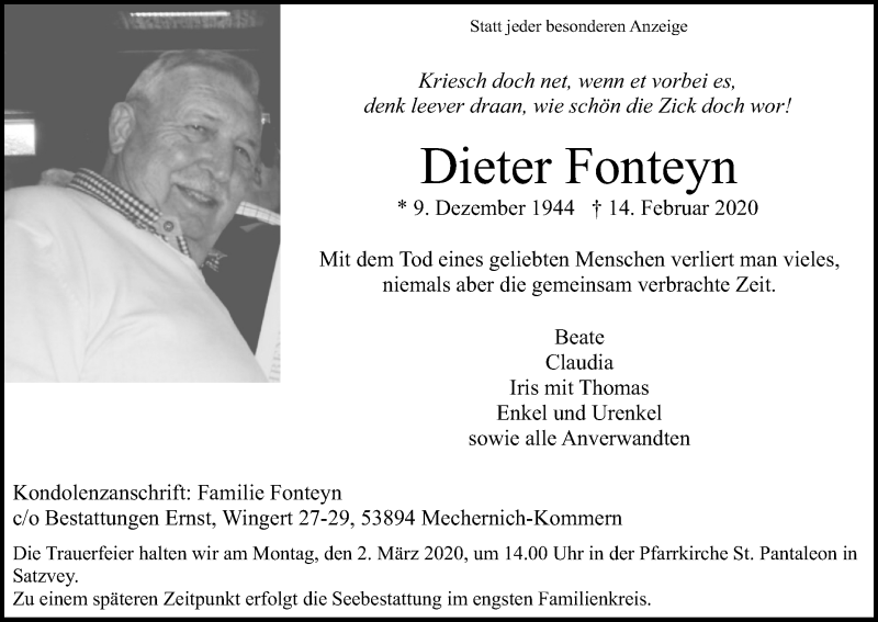  Traueranzeige für Dieter Fonteyn vom 26.02.2020 aus Kölner Stadt-Anzeiger / Kölnische Rundschau / Express