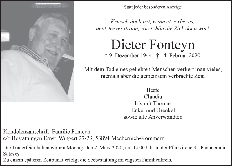  Traueranzeige für Dieter Fonteyn vom 22.02.2020 aus  Blickpunkt Euskirchen 