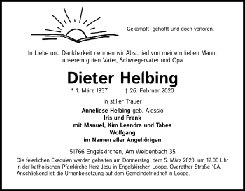 Anzeige von Dieter Helbing von Kölner Stadt-Anzeiger / Kölnische Rundschau / Express