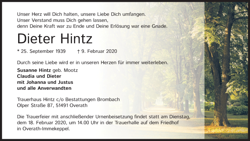  Traueranzeige für Dieter Hintz vom 12.02.2020 aus Kölner Stadt-Anzeiger / Kölnische Rundschau / Express