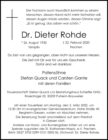 Anzeige von Dieter Rohde von Kölner Stadt-Anzeiger / Kölnische Rundschau / Express