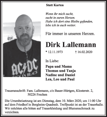 Anzeige von Dirk Lallemann von  Sonntags-Post 