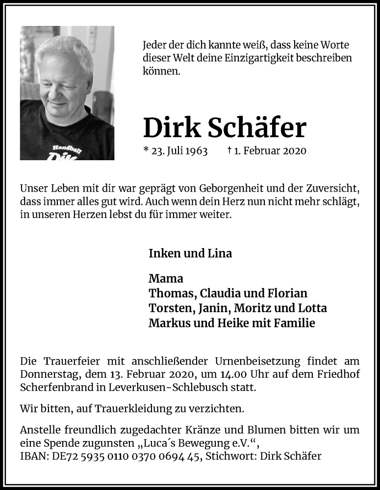  Traueranzeige für Dirk Schäfer vom 08.02.2020 aus Kölner Stadt-Anzeiger / Kölnische Rundschau / Express