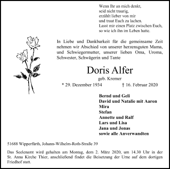 Anzeige von Doris Alfer von Kölner Stadt-Anzeiger / Kölnische Rundschau / Express