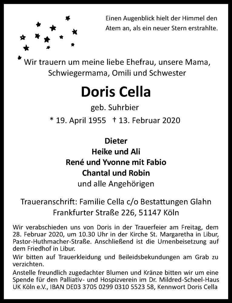  Traueranzeige für Doris Cella vom 19.02.2020 aus  Kölner Wochenspiegel 