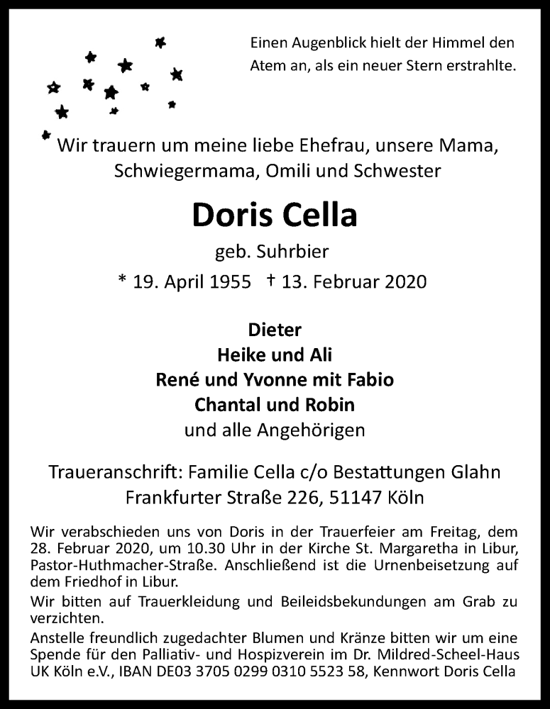  Traueranzeige für Doris Cella vom 22.02.2020 aus Kölner Stadt-Anzeiger / Kölnische Rundschau / Express