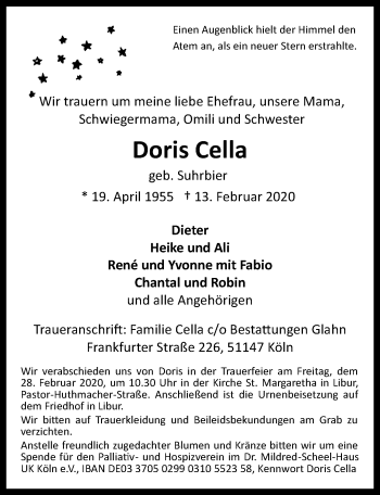 Anzeige von Doris Cella von  Kölner Wochenspiegel 