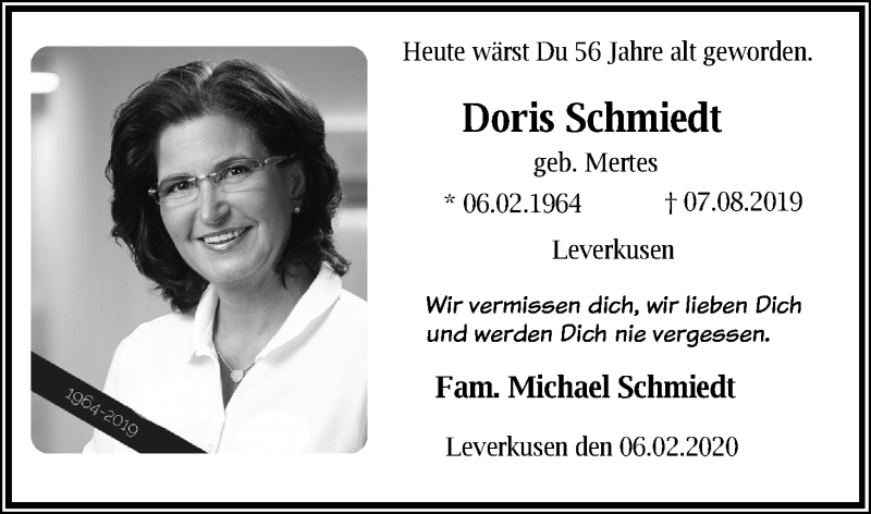  Traueranzeige für Doris Schmiedt vom 06.02.2020 aus Kölner Stadt-Anzeiger / Kölnische Rundschau / Express