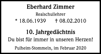 Anzeige von Eberhard Zimmer von Kölner Stadt-Anzeiger / Kölnische Rundschau / Express