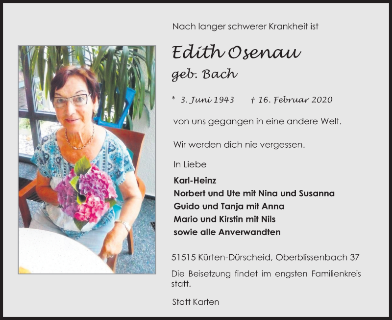  Traueranzeige für Edith Osenau vom 22.02.2020 aus Kölner Stadt-Anzeiger / Kölnische Rundschau / Express