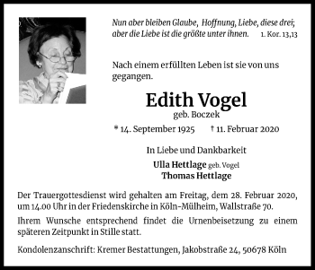 Anzeige von Edith Vogel von Kölner Stadt-Anzeiger / Kölnische Rundschau / Express
