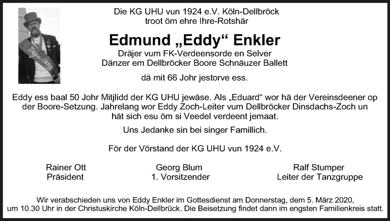  Traueranzeige für Edmund Enkler vom 29.02.2020 aus Kölner Stadt-Anzeiger / Kölnische Rundschau / Express