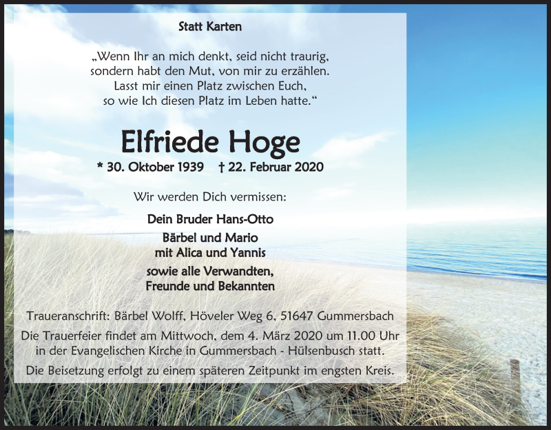  Traueranzeige für Elfriede Hoge vom 29.02.2020 aus Kölner Stadt-Anzeiger / Kölnische Rundschau / Express