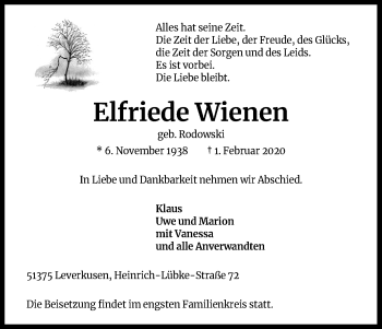 Anzeige von Elfriede Wienen von Kölner Stadt-Anzeiger / Kölnische Rundschau / Express
