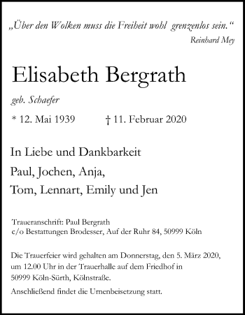 Anzeige von Elisabeth Bergrath von Kölner Stadt-Anzeiger / Kölnische Rundschau / Express