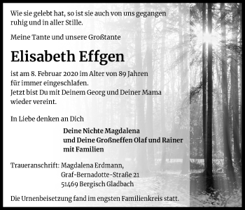 Anzeige von Elisabeth Effgen von Kölner Stadt-Anzeiger / Kölnische Rundschau / Express