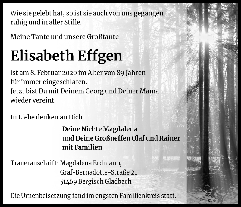  Traueranzeige für Elisabeth Effgen vom 29.02.2020 aus Kölner Stadt-Anzeiger / Kölnische Rundschau / Express