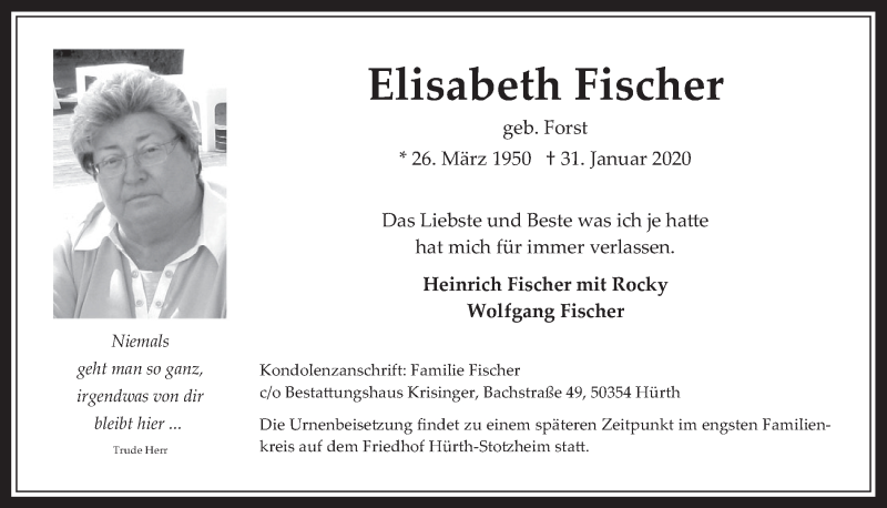  Traueranzeige für Elisabeth Fischer vom 05.02.2020 aus  Wochenende 