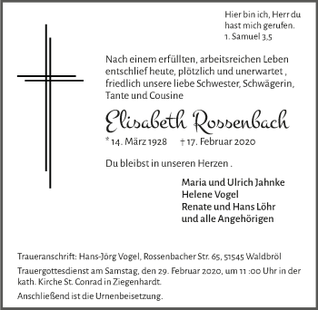 Anzeige von Elisabeth Rossenbach von  Lokalanzeiger 