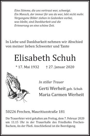 Anzeige von Elisabeth Schuh von  Sonntags-Post 