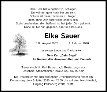 Anzeige von Elke Sauer von Kölner Stadt-Anzeiger / Kölnische Rundschau / Express