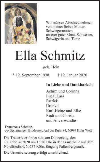 Anzeige von Ella Schmitz von Kölner Stadt-Anzeiger / Kölnische Rundschau / Express