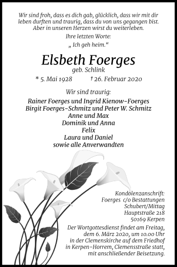 Anzeige von Elsbeth Foerges von Kölner Stadt-Anzeiger / Kölnische Rundschau / Express