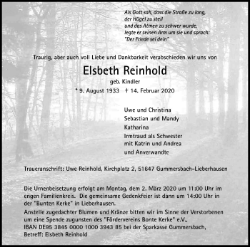 Anzeige von Elsbeth Reinhold von Kölner Stadt-Anzeiger / Kölnische Rundschau / Express