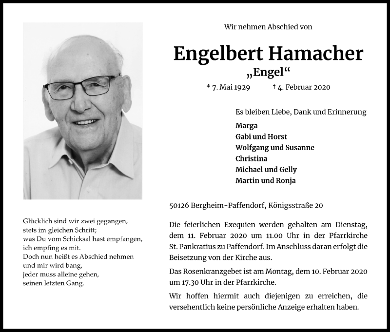  Traueranzeige für Engelbert Hamacher vom 07.02.2020 aus Kölner Stadt-Anzeiger / Kölnische Rundschau / Express
