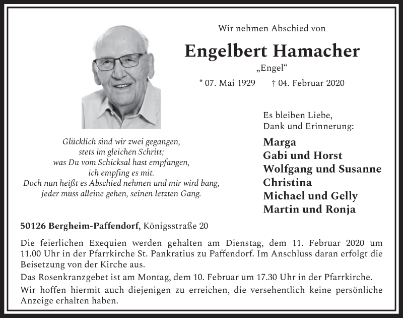  Traueranzeige für Engelbert Hamacher vom 08.02.2020 aus  Sonntags-Post 
